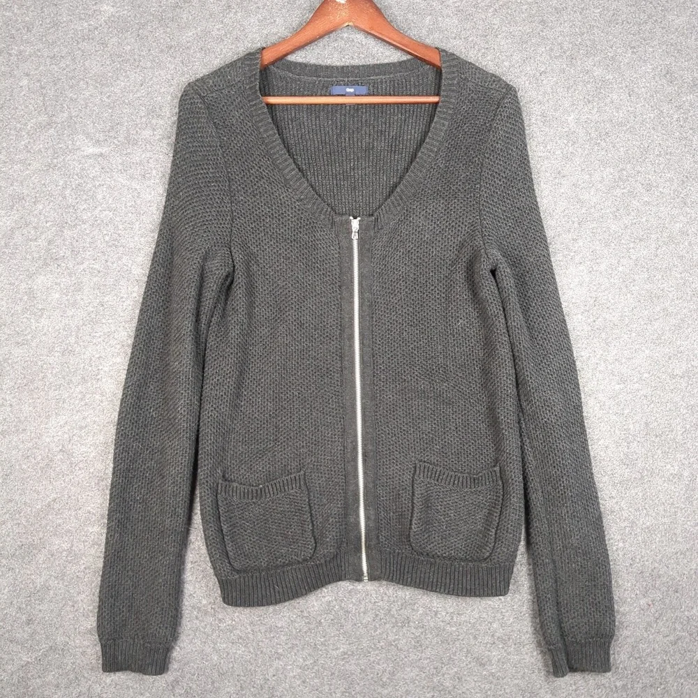 Gap Womens Medium‎ Charcoal Gray Textured Knit Full Zip V-Neck Cardigan Sweater
